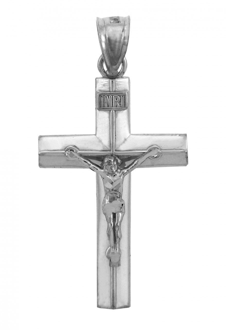 Solid 14k White Gold Linear Cross Charm INRI Crucifix Pendant