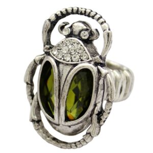 Q&Q Fashion Silver Plated Vintage Egyptian Cleopatra khepri Scarab Beetle Green Rhinestone Stretch Finger Ring