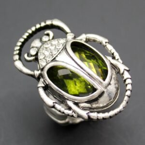 Q&Q Fashion Silver Plated Vintage Egyptian Cleopatra khepri Scarab Beetle Green Rhinestone Stretch Finger Ring