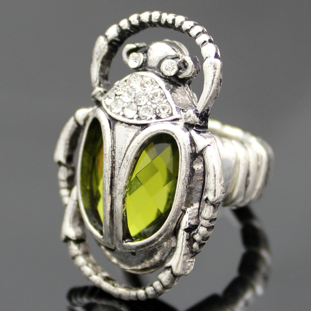 Q&Q Fashion Silver Plated Vintage Egyptian Cleopatra khepri Scarab Beetle Green Rhinestone Stretch Finger Ring