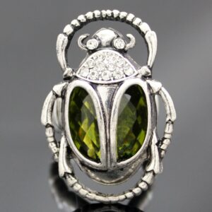 Q&Q Fashion Silver Plated Vintage Egyptian Cleopatra khepri Scarab Beetle Green Rhinestone Stretch Finger Ring