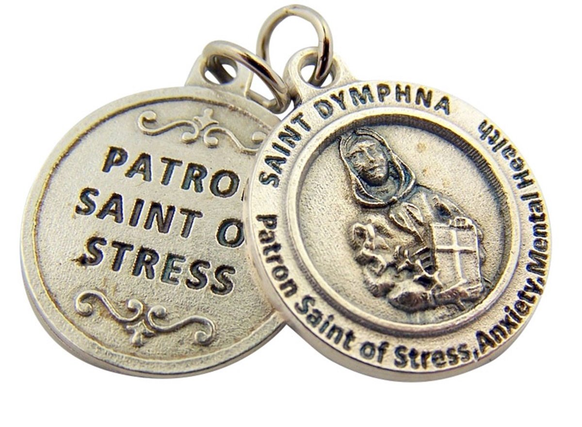 Silver Toned Base Patron of Stress Saint Dymphna Medal Pendant, 3/4 Inch