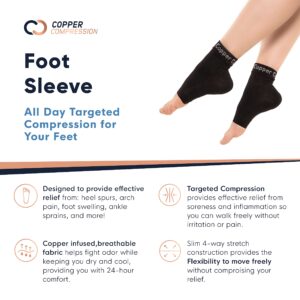 Copper Compression Foot Sleeves - Plantar Fasciitis, Achilles, Ankle Support Brace Socks - Day/Night Relief from Heel Spurs, Arch Pain, Swelling, Soccer Injuries, Golf, Running - 1 Pair Black - L