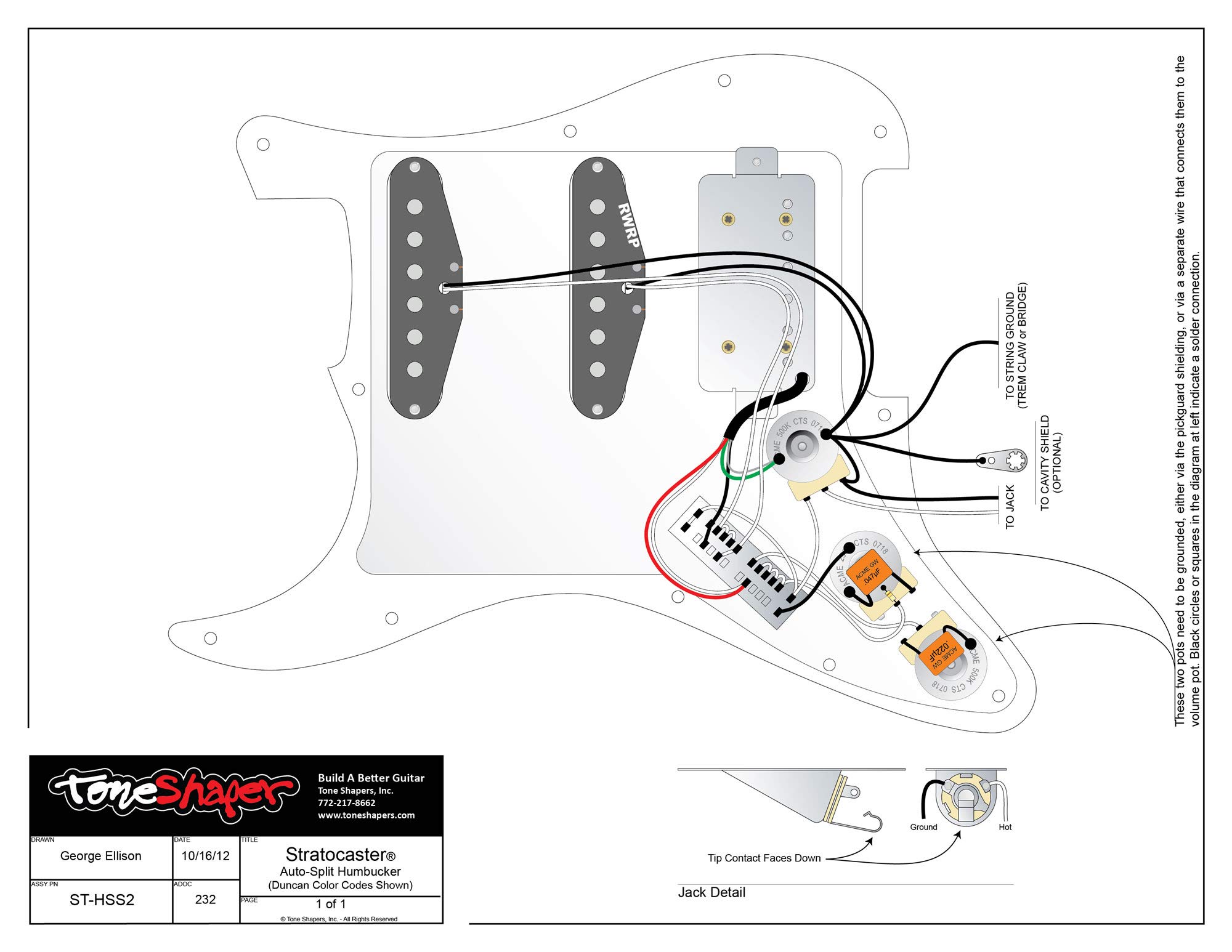 ToneShaper Guitar Wiring Kit, For Fender HSS Stratocaster, HSS2 (Auto-Split Wiring)