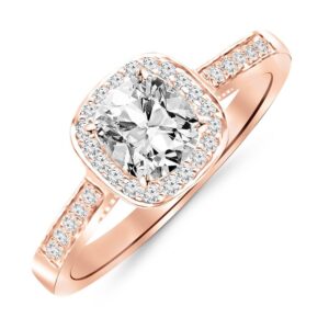 2.25 carat graduating classic cushion halo prong and pave-set diamond engagement ring 14k rose gold with a 2 carat round cut moissanite (heirloom quality)