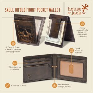 HoJ Co. SKULL Bifold Front Pocket Wallet | Biker Money Clip Wallet | Strong Magnetic Clip | Bifold with Money Clip | Slim Wallet