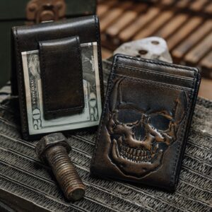 HoJ Co. SKULL Bifold Front Pocket Wallet | Biker Money Clip Wallet | Strong Magnetic Clip | Bifold with Money Clip | Slim Wallet