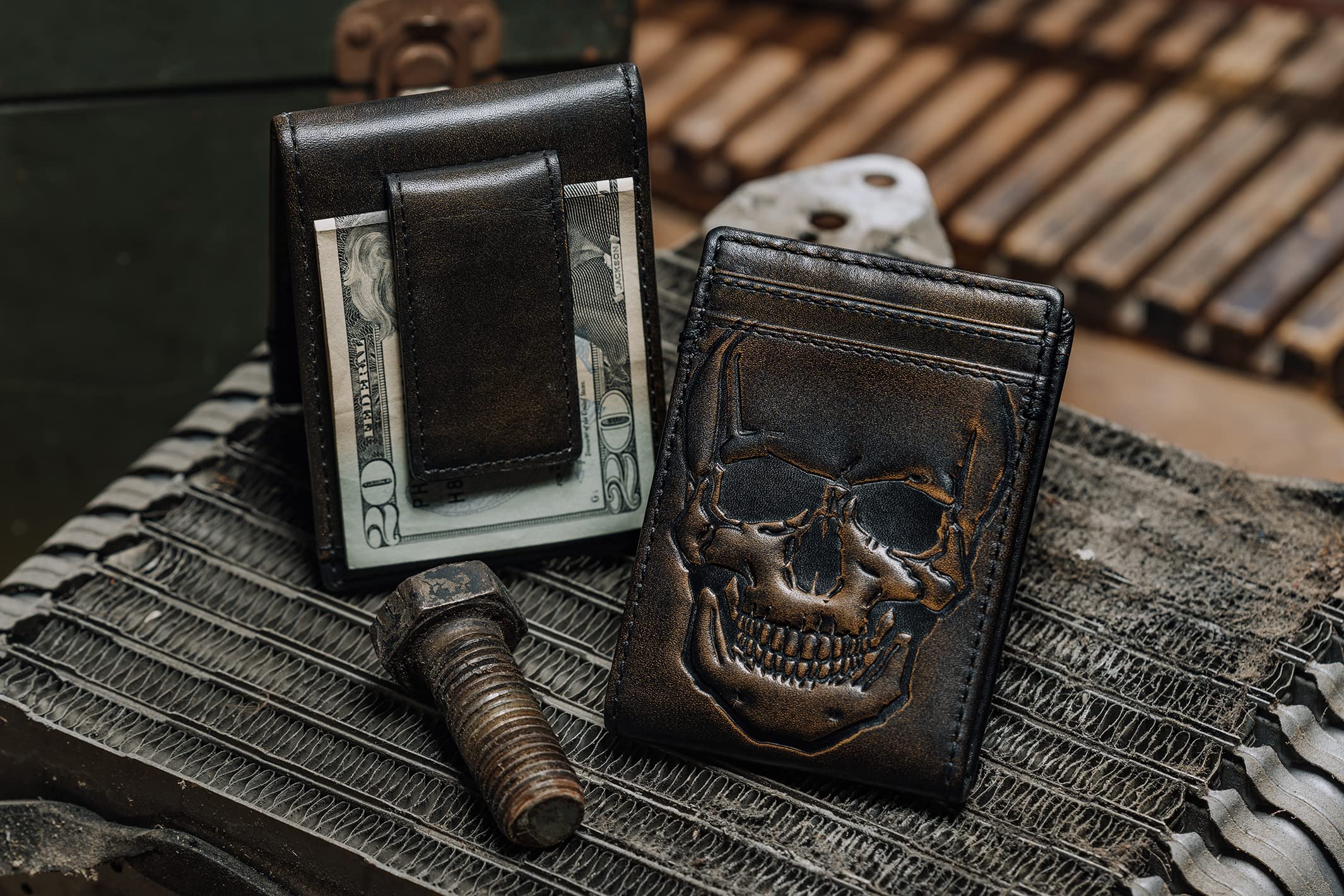 HoJ Co. SKULL Bifold Front Pocket Wallet | Biker Money Clip Wallet | Strong Magnetic Clip | Bifold with Money Clip | Slim Wallet