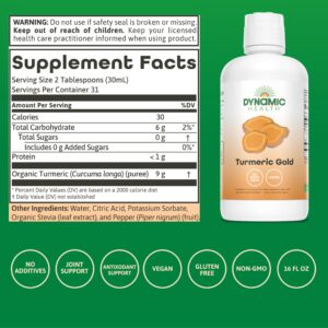 Dynamic Health Turmeric Gold, 100% Juice, Turmeric Supplement, No Additives, Joint Support, Antioxidant, Inflammation, Vegan, Gluten Free, Non-GMO, 32 Fl Oz