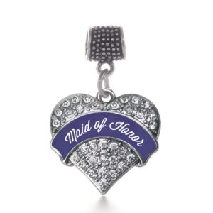 Inspired Silver - Navy Blue Maid of Honor Memory Charm for Women - Silver Pave Heart Charm for Bracelet with Cubic Zirconia Jewelry