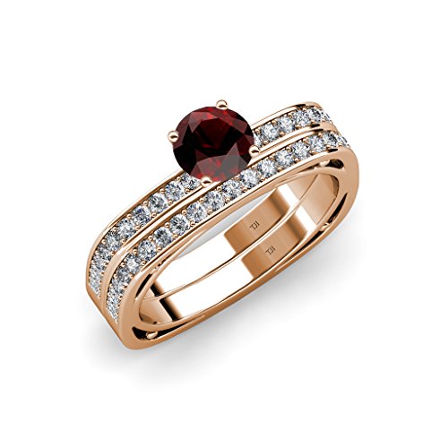 TriJewels Red Garnet & Natural Diamond Engagement Ring & Wedding Band Set 1.25-1.29 ctw 14K Rose Gold.size 9.0