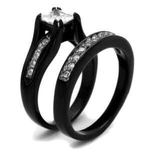 Marimor Jewelry Black Ion Plated Stainless Steel His and Hers 3 Piece Wedding Engagement Ring Band Set Women's Size 08 Men's 08mm Size 11