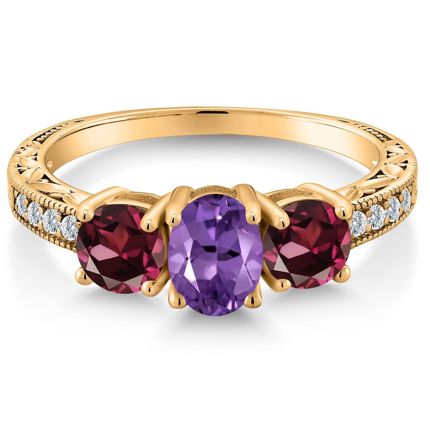 Gem Stone King 2.07 Ct Purple Amethyst Red Rhodolite Garnet 18K Yellow Gold Plated Silver Ring (Size 7)