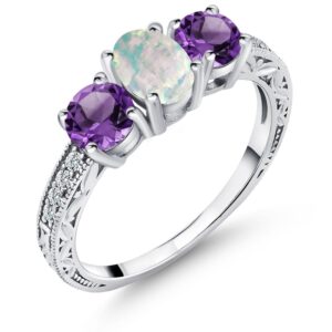 Gem Stone King 925 Sterling Silver Oval Cabochon White Simulated Opal and Purple Amethyst Ring For Women (1.65 Cttw, Gemstone Birthstone, Available In Size 5, 6, 7, 8, 9)