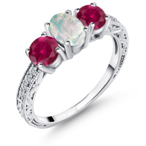 Gem Stone King 925 Sterling Silver Oval Cabochon White Simulated Opal and Red Created Ruby Ring For Women (1.95 Cttw, Available 5,6,7,8,9) (Size 7)