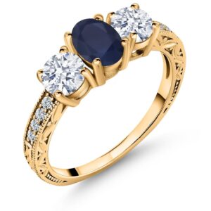 Gem Stone King 18K Yellow Gold Plated Silver Blue Sapphire Engagement Ring | 3-Stone Ring For Women | 2.64 Cttw | Oval 7X5MM | Available In Size 5, 6, 7, 8, 9