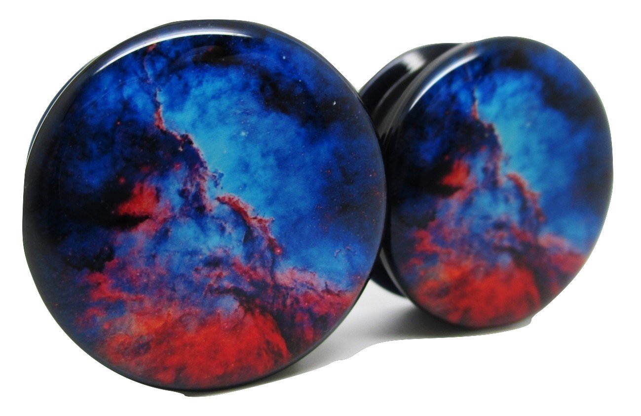 Pierced Republic Nebula Blue & Red Galaxy Ear Plugs - Acrylic Screw-On - 10 Sizes - Pair (00 Gauge (10mm))