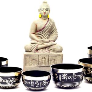 Chakra Healing Tibetan Singing Bowl with Mantras in Black Set of 7 pieces for Meditation, Sound Healing, included Cushions, Mallets Carrying Case, from Nepal