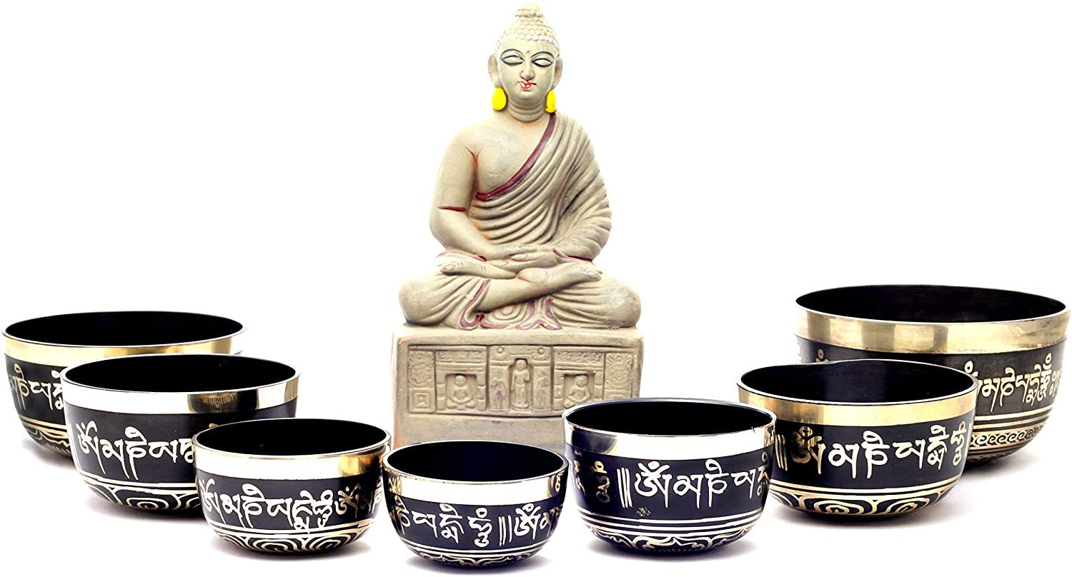 Chakra Healing Tibetan Singing Bowl with Mantras in Black Set of 7 pieces for Meditation, Sound Healing, included Cushions, Mallets Carrying Case, from Nepal