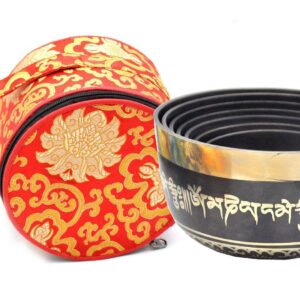 Chakra Healing Tibetan Singing Bowl with Mantras in Black Set of 7 pieces for Meditation, Sound Healing, included Cushions, Mallets Carrying Case, from Nepal