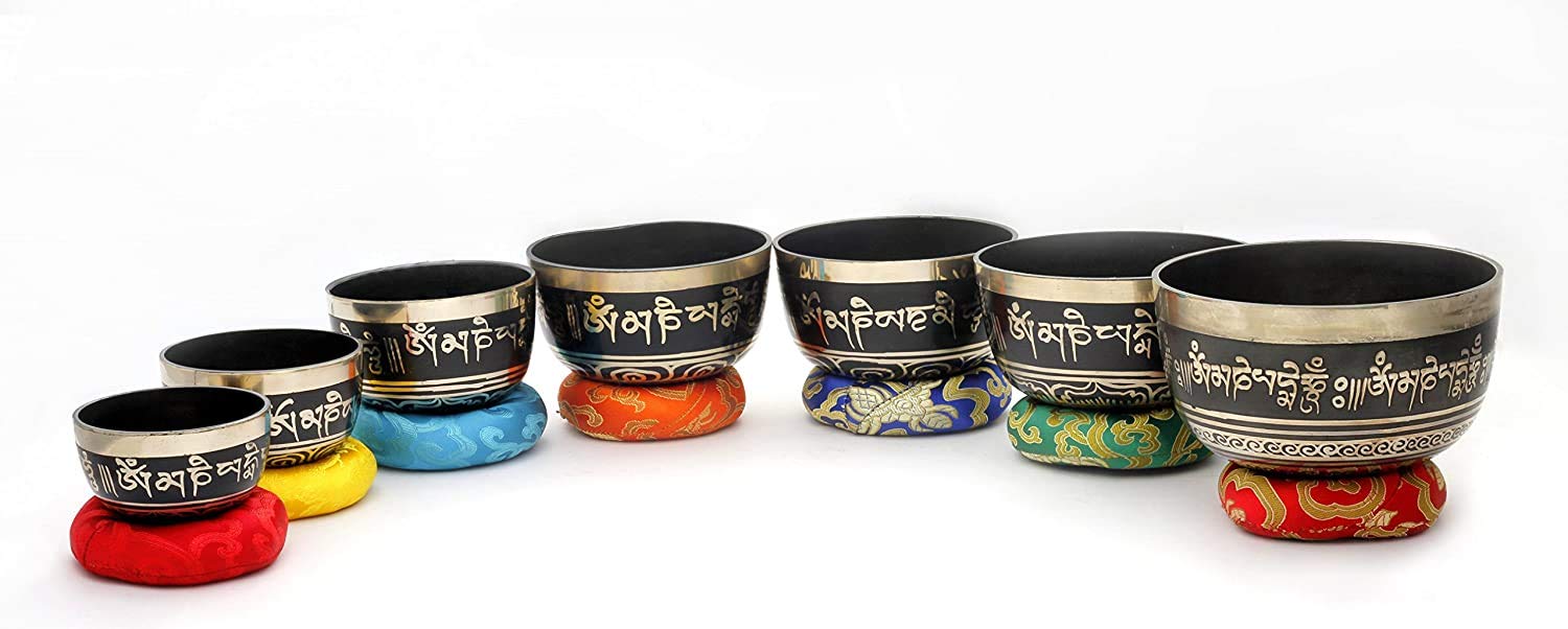 Chakra Healing Tibetan Singing Bowl with Mantras in Black Set of 7 pieces for Meditation, Sound Healing, included Cushions, Mallets Carrying Case, from Nepal