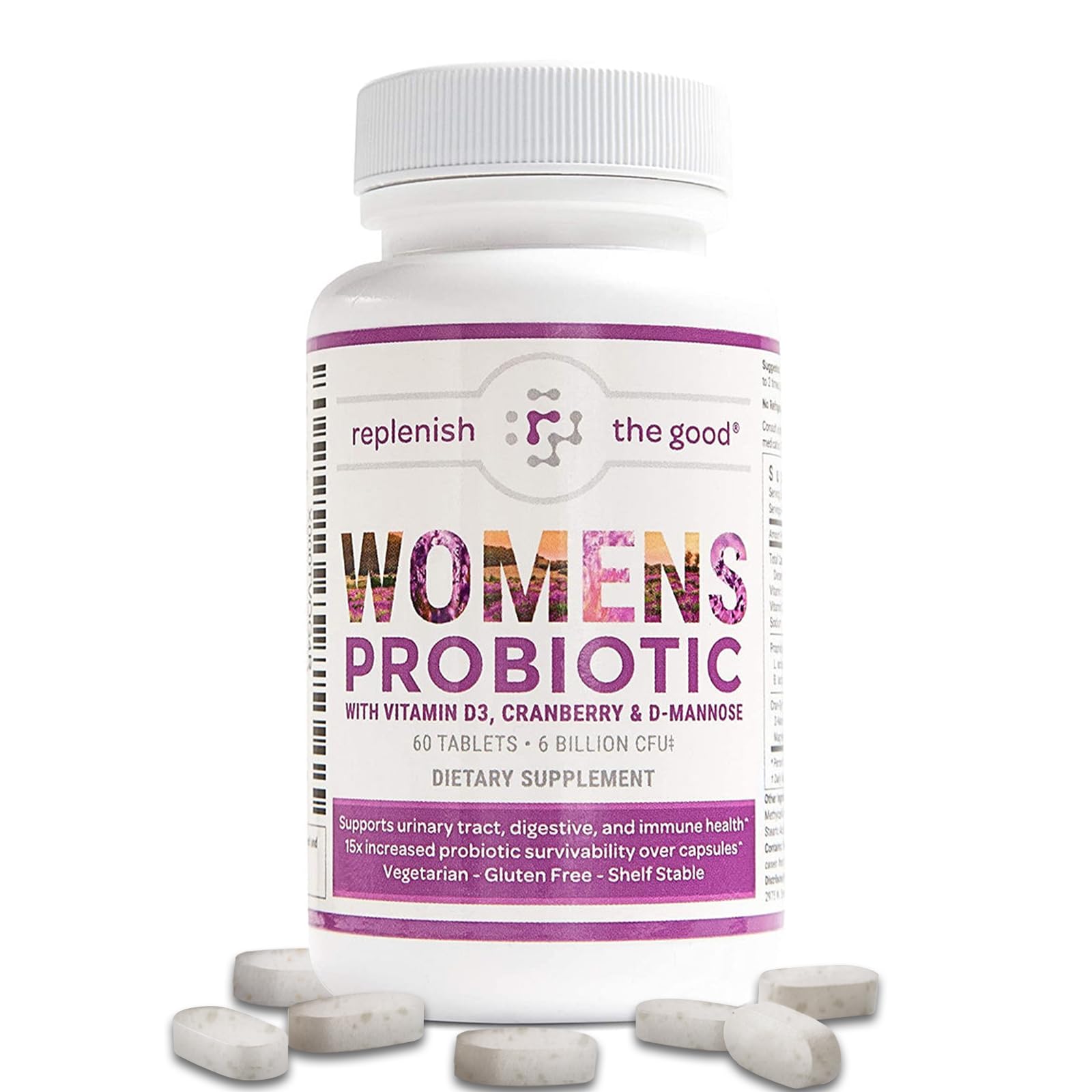 Replenish the Good Probiotics for Women Digestive Health, 60 Tablets - Gut Health Probiotics with D3, Prebiotics & Cranberry - Vegan, UTI & Yeast Defense - 15x More Effective Than Regular Capsules