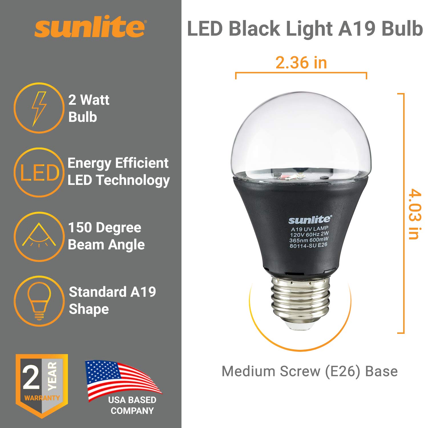 Sunlite 80114-SU LED A19 Black Light Bulb, 2 Watt, Medium Base (E26), 365nm Wavelength, Glow Parties, Blacklight Blue, Decoration, Special Effects, Security Applications, ETL Listed, 1 Pack