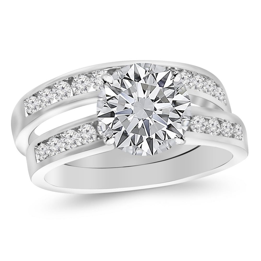 Houston Diamond District 2.7 Carat Classic Channel Set Wedding Bridal Band & Engagement Ring with a 2 Moissanite Center