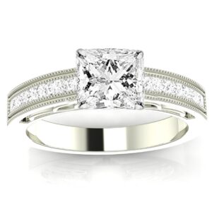 2 carat 14k rose gold channel set princess cut diamond engagement ring with milgrain with a 1.6 carat moissanite center