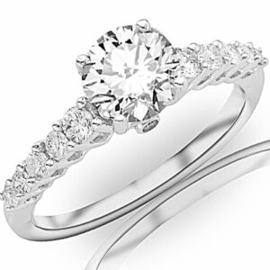 1.95 carat 14k white gold classic prong set side stone diamond engagement ring with a 1.5 carat moissanite center