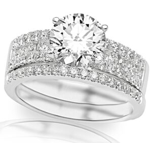 1.58 carat 14k white gold three row prong and middle row channel set round diamonds engagement ring and wedding band set with a 1 carat moissanite center