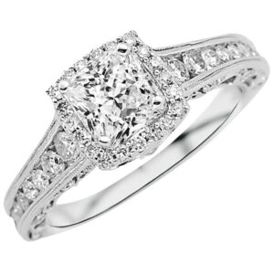 2.75 Carat 14K White Gold Vintage Halo Style Channel Set Round Brilliant Diamond Engagement Ring Milgrain with a 2 Carat Moissanite Center