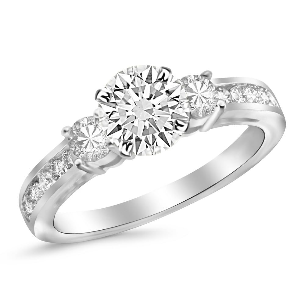 Houston Diamond District 2.1 Carat 14K White Gold Channel Set 3 Three Stone Diamond Engagement Ring with a 1.5 Carat Moissanite Center - Size 8.5