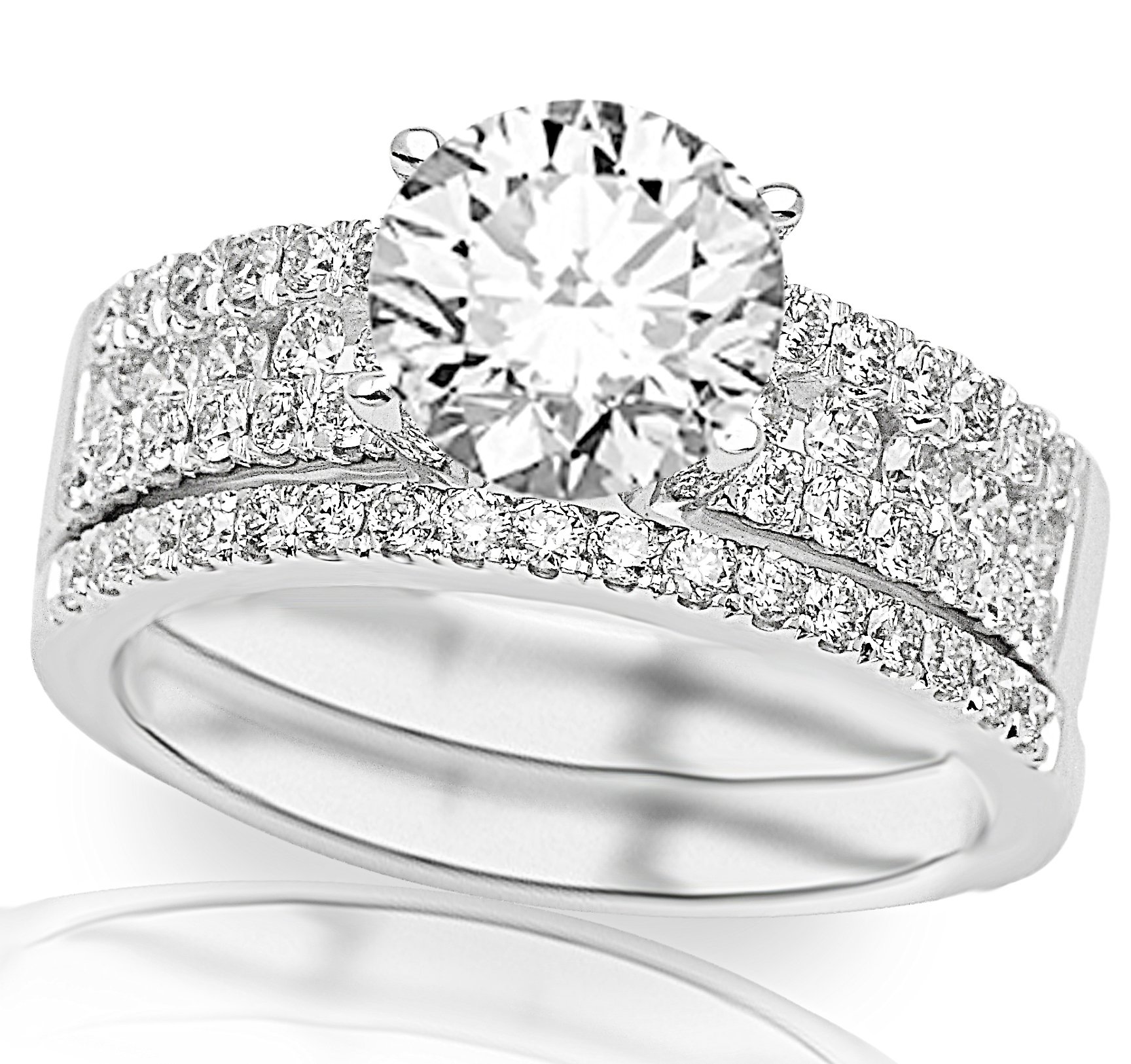 2.08 Carat 14K White Gold Three Row Prong And Middle Row Channel Set Round Diamonds Engagement Ring and Wedding Band Set with a 1.5 Carat Moissanite Center