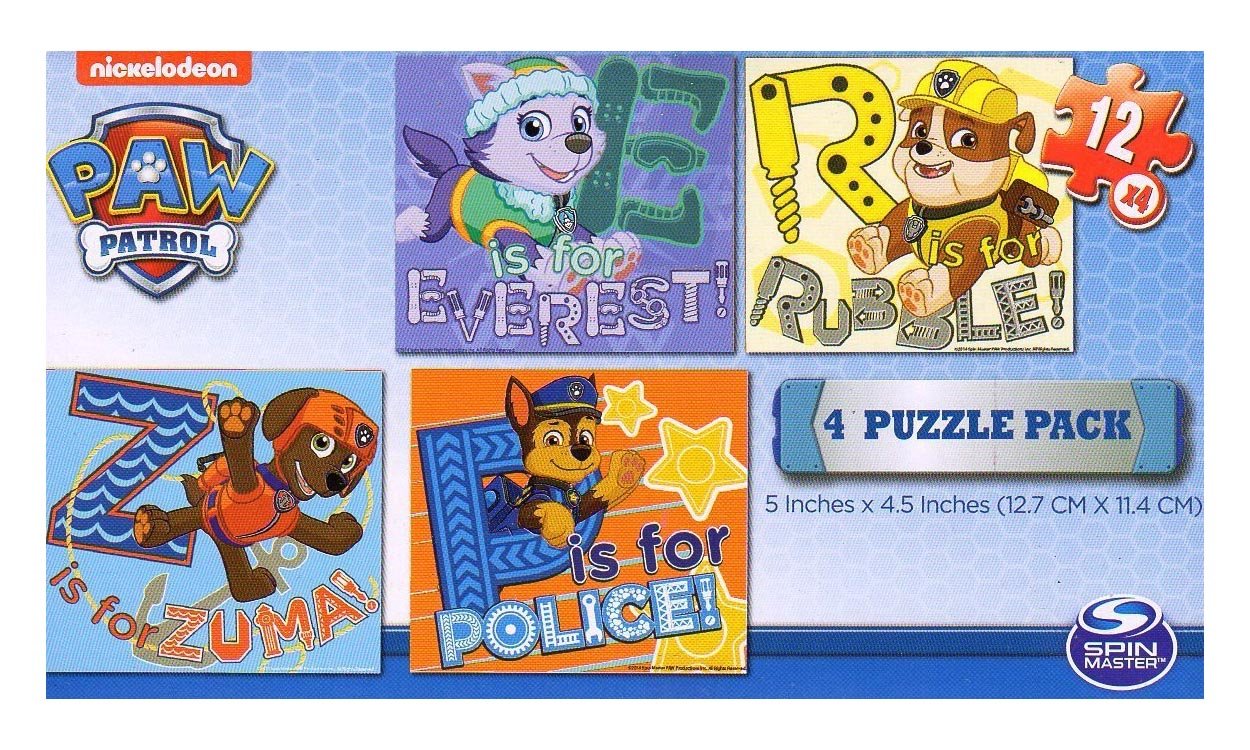 Paw Patrol Puzzle Set ~ 4-pack of 12-piece puzzles featuring Everest, Rubble, Zuma, and Chase