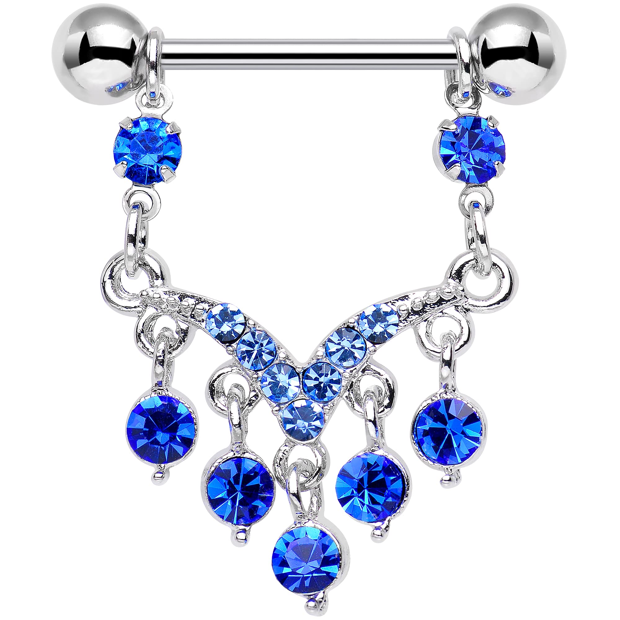 Body Candy Stainless Steel Blue Ornate V Dangle Nipple Ring Set of 2 14 Gauge 18mm