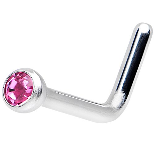 Body Candy Steel Pink Press Fit L Shaped Nose Stud Ring Created with Crystal 18 Gauge 1/4"