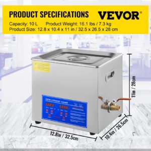 VEVOR Professional Ultrasonic Cleaner 10L/2.5 Gal, Easy to Use with Digital Timer & Heater, Stainless Steel Industrial Machine for Jewelry Dentures Small Parts, 110V, FCC/CE/RoHS Certified