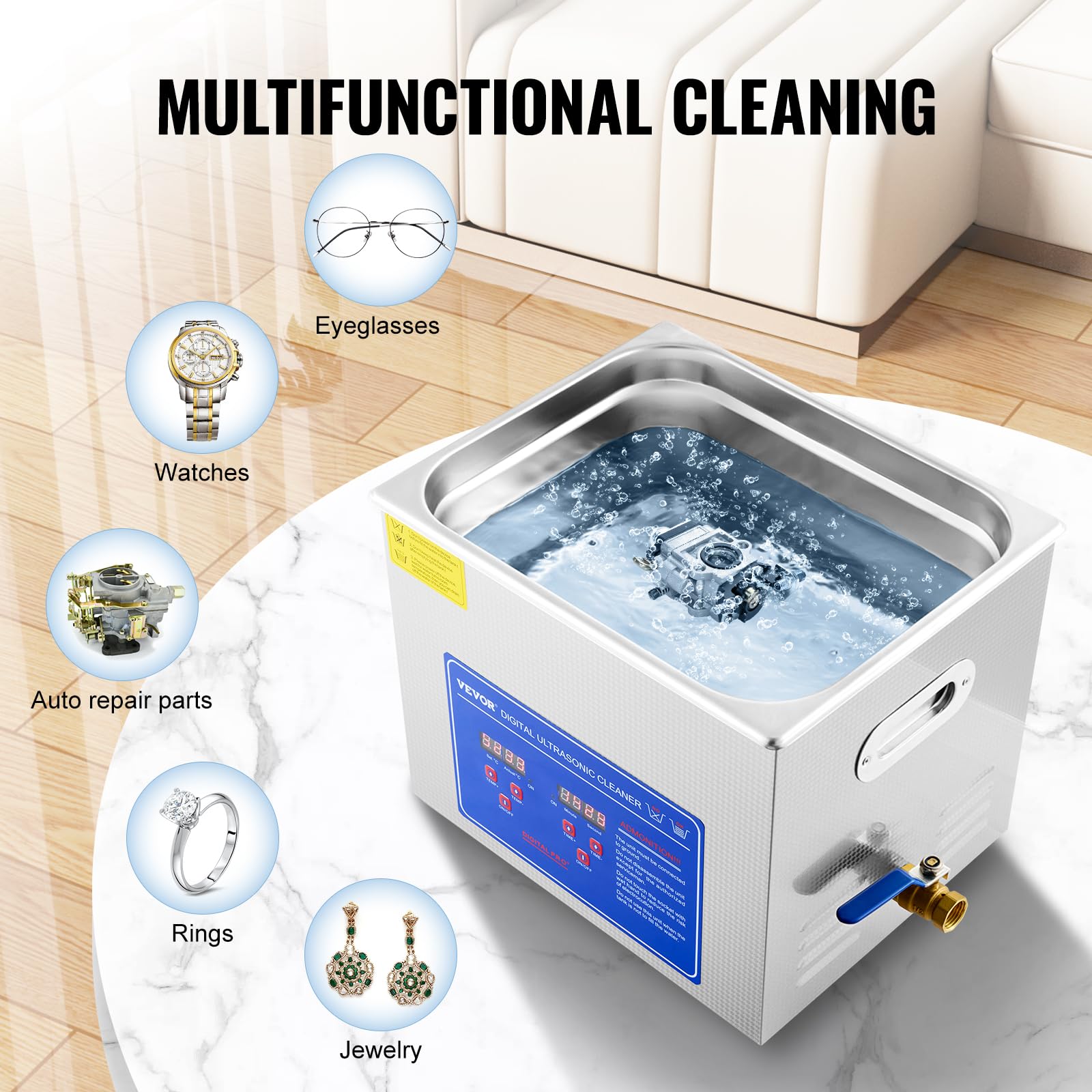 VEVOR Professional Ultrasonic Cleaner 10L/2.5 Gal, Easy to Use with Digital Timer & Heater, Stainless Steel Industrial Machine for Jewelry Dentures Small Parts, 110V, FCC/CE/RoHS Certified