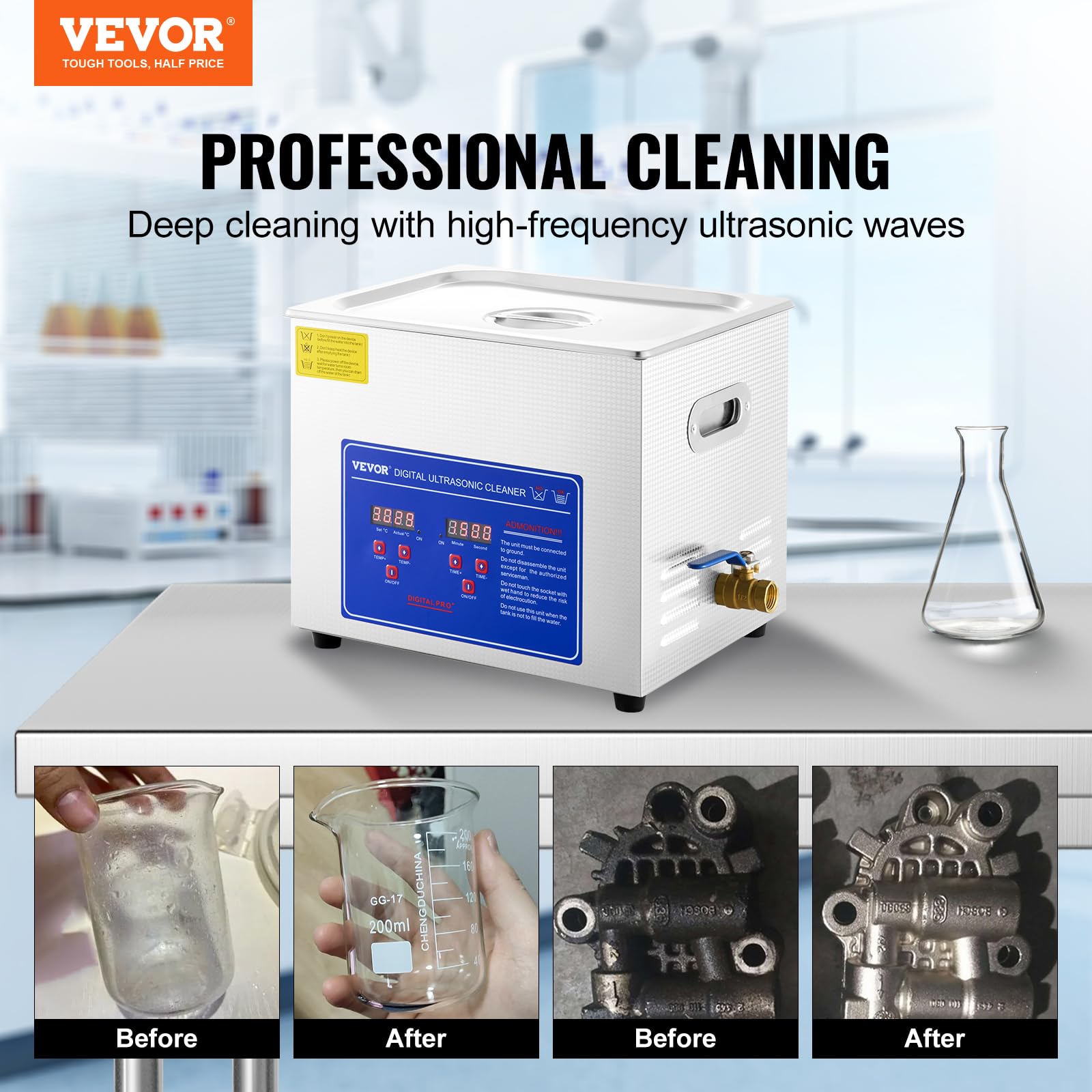 VEVOR Professional Ultrasonic Cleaner 10L/2.5 Gal, Easy to Use with Digital Timer & Heater, Stainless Steel Industrial Machine for Jewelry Dentures Small Parts, 110V, FCC/CE/RoHS Certified