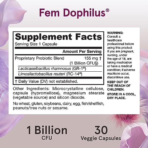 Jarrow Formulas Fem-Dophilus Probiotics 1 Billion CFU With 2 Clinically Effective Strains, Dietary Supplement for Vaginal Health and Urinary Tract Health, 30 Veggie Capsules, 30 Day Supply