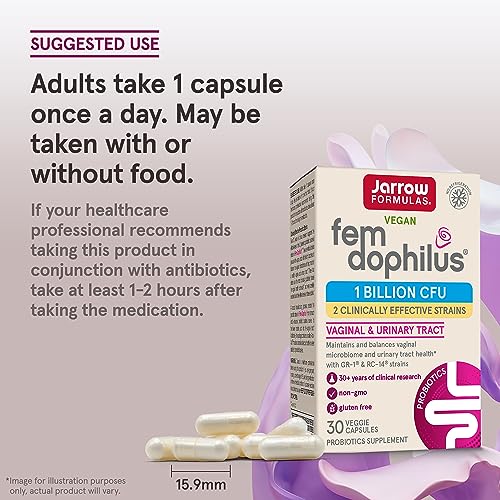 Jarrow Formulas Fem-Dophilus Probiotics 1 Billion CFU With 2 Clinically Effective Strains, Dietary Supplement for Vaginal Health and Urinary Tract Health, 30 Veggie Capsules, 30 Day Supply