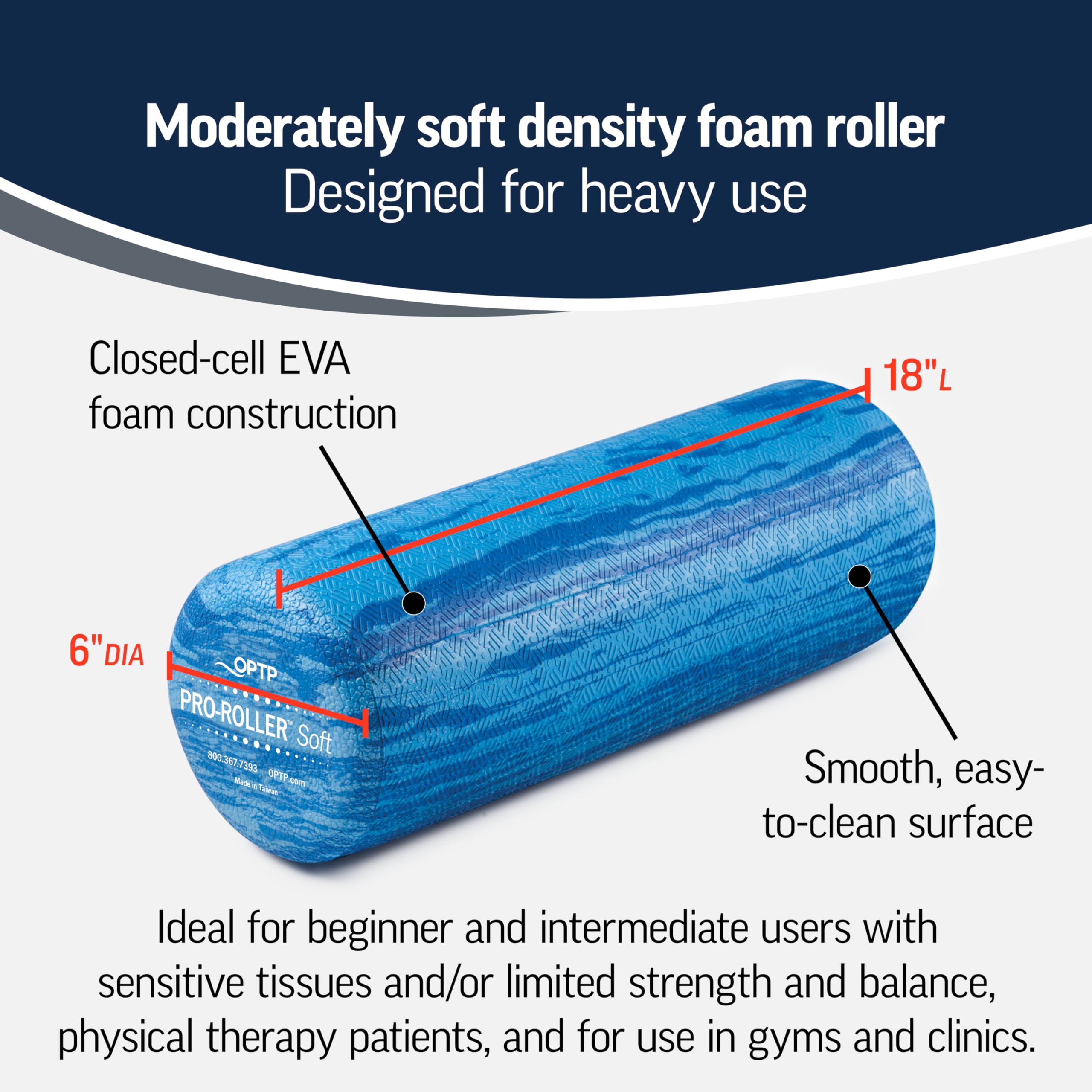 OPTP PRO-ROLLER Soft Density Foam Roller - Professional 18 Inch Foam Roller for Massage; Short Foam Roller and Physical Therapy Roller for Balance and Stability Training Exercises - Blue 18” x 6”