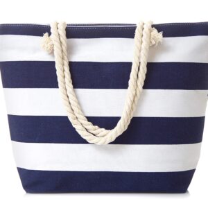 Leisureland Canvas Tote Beach Bag, Rope Handle Water Resistant Shoulder Bag (Stripe Navy Blue)