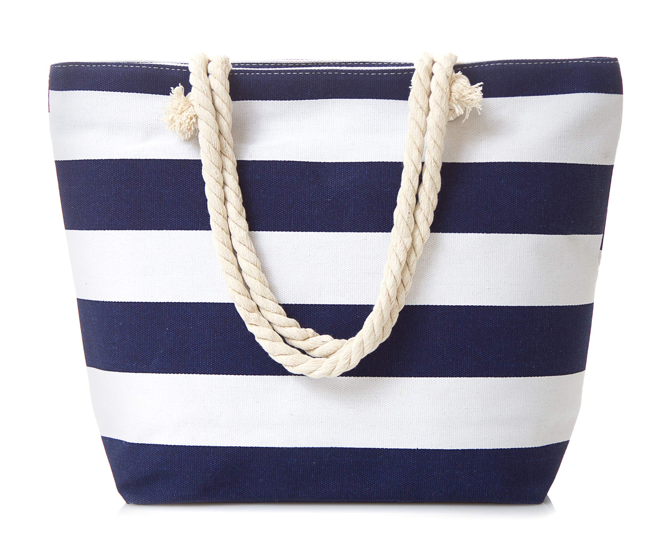 Leisureland Canvas Tote Beach Bag, Rope Handle Water Resistant Shoulder Bag (Stripe Navy Blue)