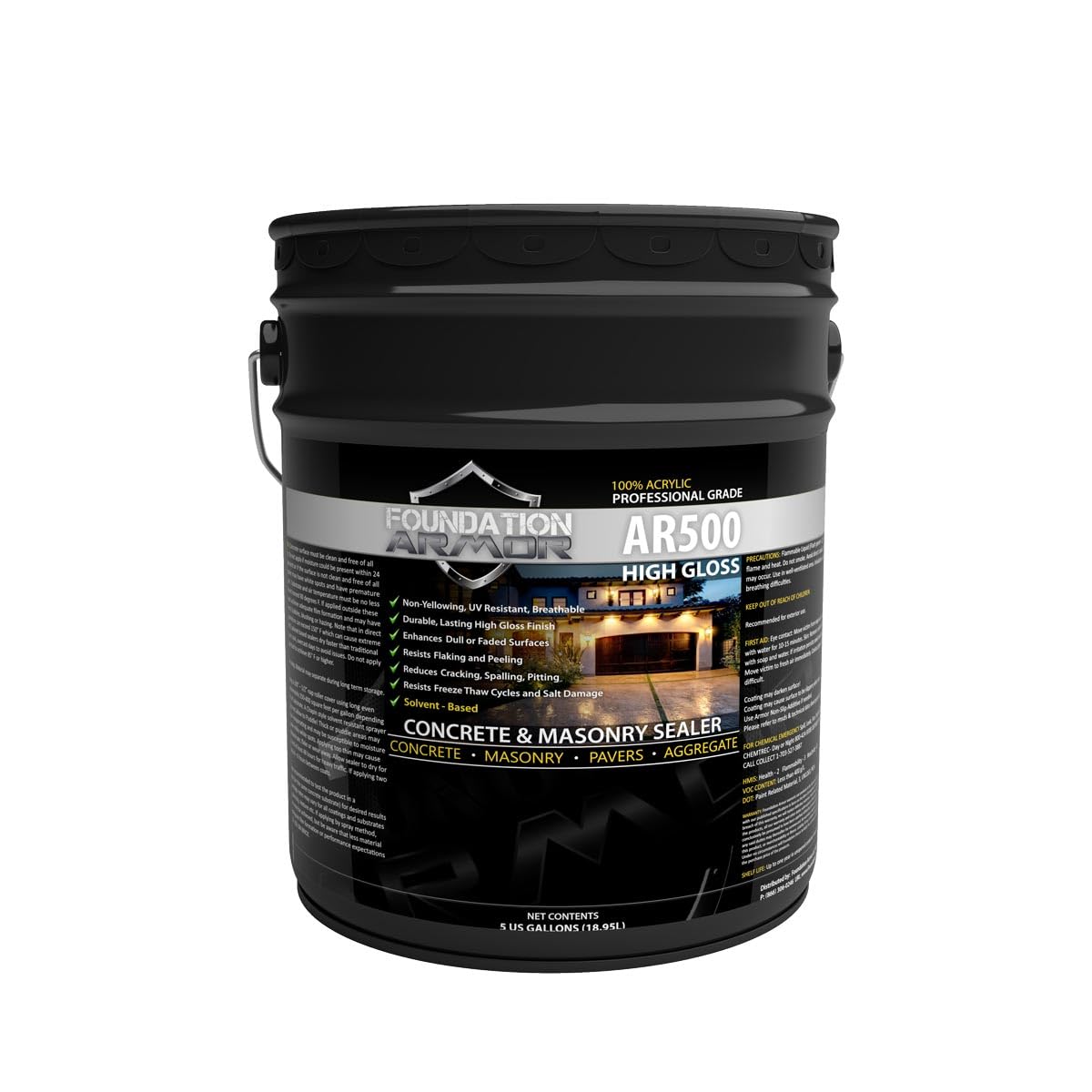 Armor AR500 High Gloss Wet Look Concrete Sealer 5 Gallon - Professional Grade Color Enhancing Solvent Based Acrylic Sealer for Exterior Concrete and Pavers - 700 VOC