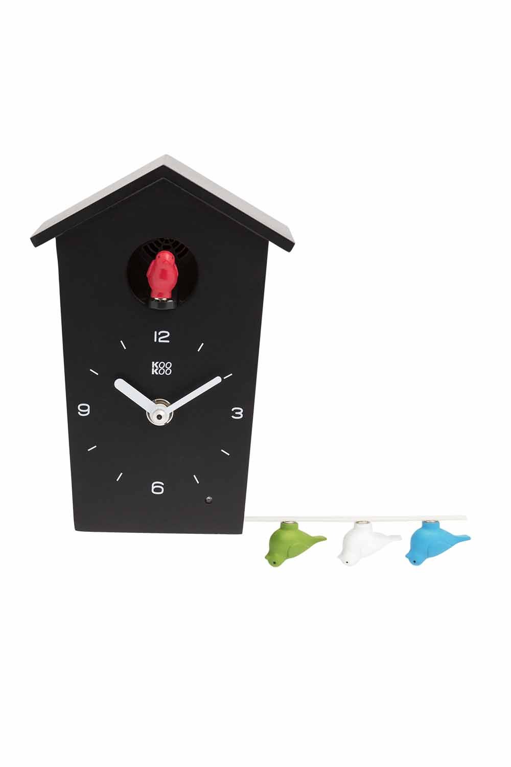 KOOKOO BirdHouse mini black, tiny modern cuckoo clock with 12 natural bird songs or cuckoo call