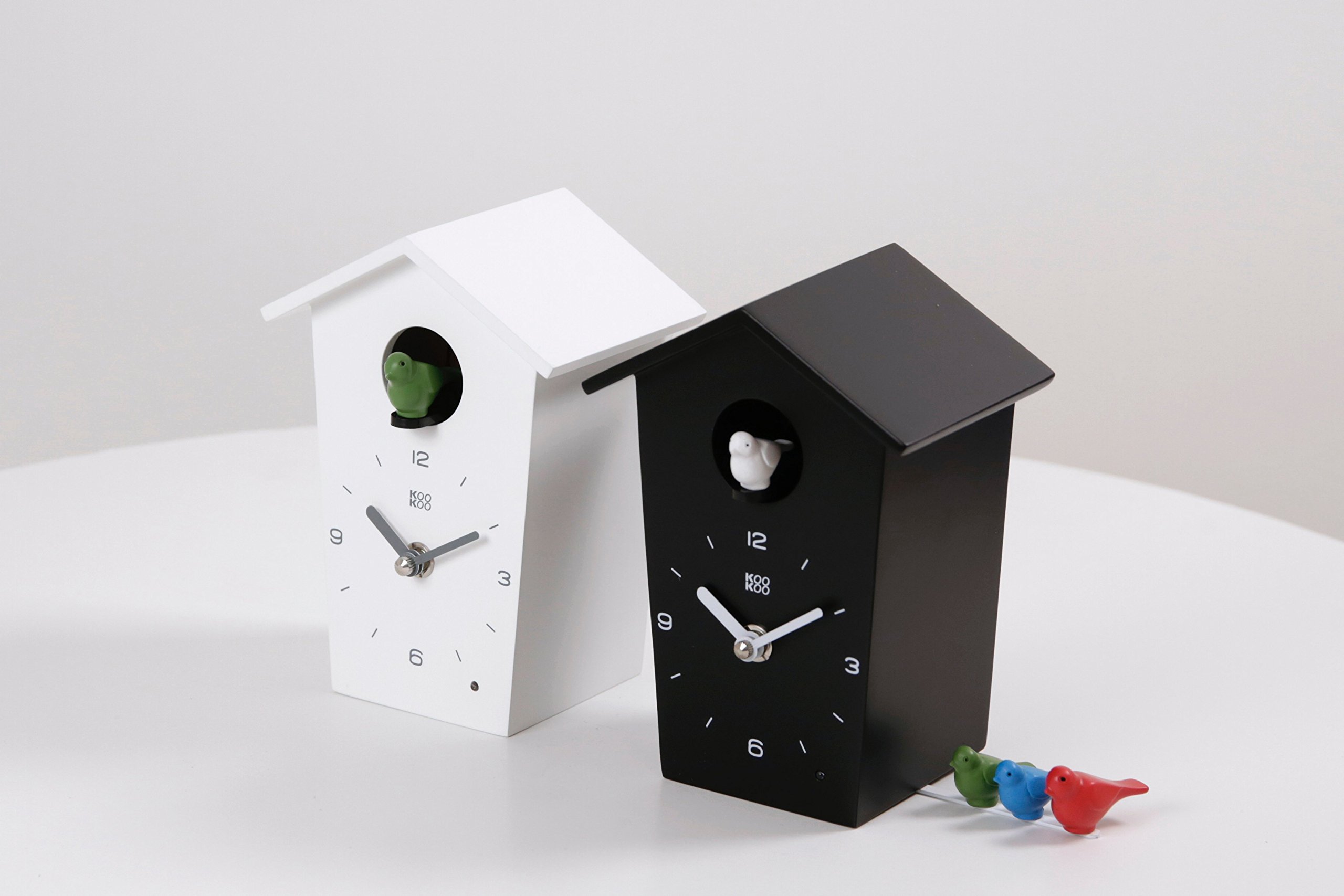 KOOKOO BirdHouse mini black, tiny modern cuckoo clock with 12 natural bird songs or cuckoo call