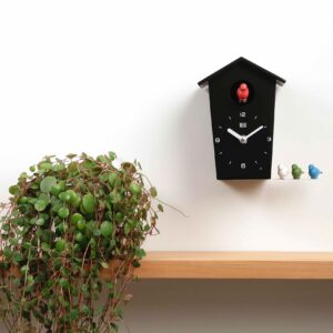 KOOKOO BirdHouse mini black, tiny modern cuckoo clock with 12 natural bird songs or cuckoo call