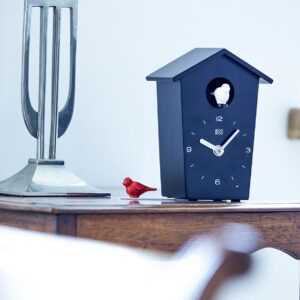 KOOKOO BirdHouse mini black, tiny modern cuckoo clock with 12 natural bird songs or cuckoo call